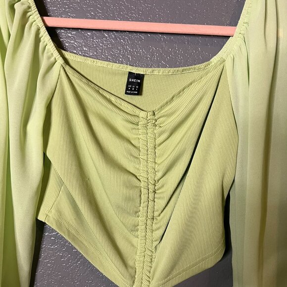 Shein Size M Lime Green Ruched Tie-Front Sheer Sleeve Crop Top - Picture 2 of 3